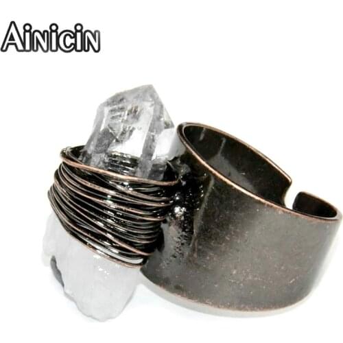 New Arrival Antique Bronze Plating Natural Raw Crsytal Wire Wrap Adjustable Wide Rings For Women Stone Jewelry
