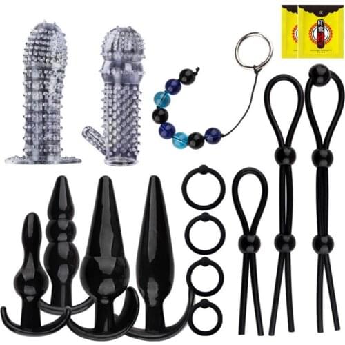 OLO 16Pcs Penis Sleeve Butt Anal Plug Bead Time Delay Ring Prostate Massager Crystal Silicone Condom Sex Toy