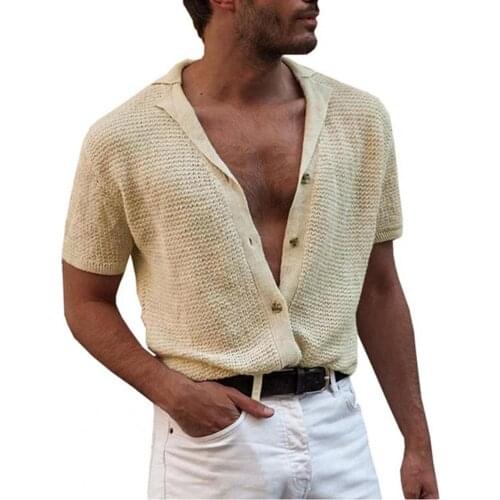 Summer Men Shirts Breathable Knitted Buttons Solid Color Knitted Summer Short Sleeve Lapel Buttons Cardigan Men Shirts 2021