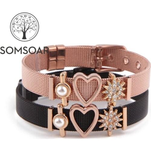 Somsoar Jewelry Summer Designed Mesh Keys Bracelet set with heart DIY charms and Stainless steel Bracelet as Gift