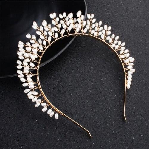 Vintage Handmade Pearls Tiara Crown Headbands for Women Bridal Wedding Hair Jewelry Prom Party Hair band banquet Accessories