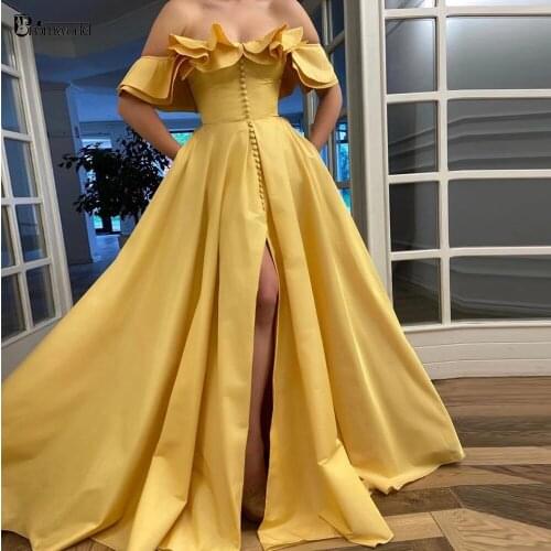 Yellow Off Shoulder A-Line Evening Dresses Long Vestidos De Fiesta Button Satin Pleated Sexy High Slit Formal Evening Gowns