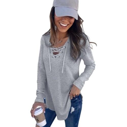 Womens Loose T-Shirt 2020 New Autumn V-Neck Bandage Casual Long Sleeve Solid T-Shirt Tops Fashion Female Black Tee Femme Shirt