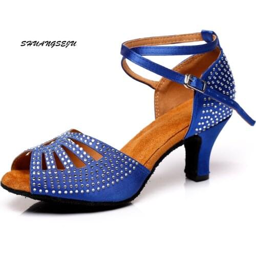Ladies Comfort Salsa Shoes Latin Shoes For Women Shoes Ballroom Shoes For Ballroom Dancing Skin Blue Color Heels6-10cm