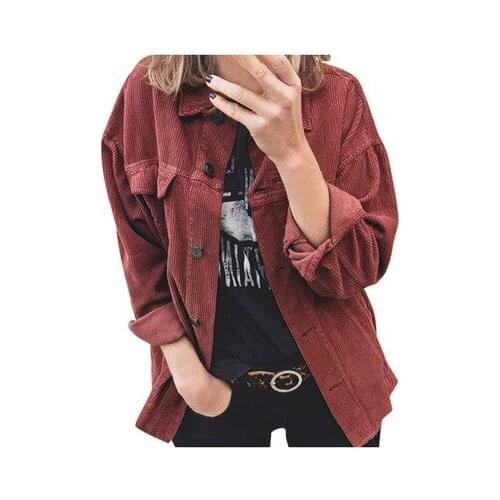 2021 Women Corduroy Jacket Solid Color Coat Patchwork Button Decor Turn-down Collar Long Sleeve Lapel Loose Shirt