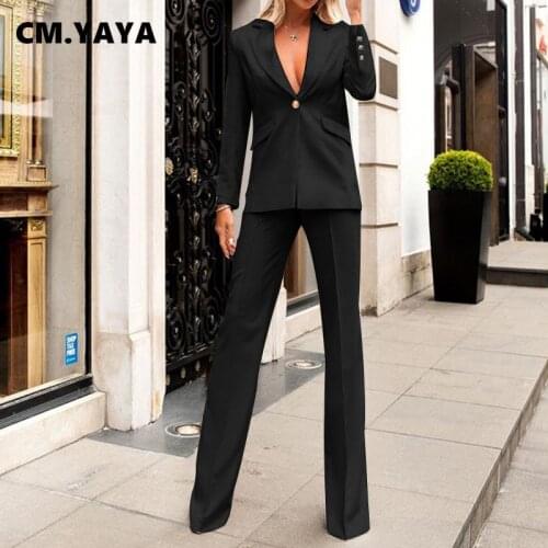 CM.YAYA Women Pants Suits Solid Full Sleeve Single Button Tops Straight Long Pants Two 2 Piece Sets Office Lady Outfit Autumn