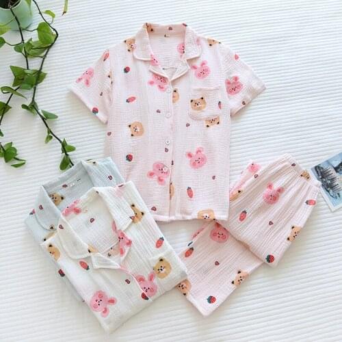 Ladies' Home Service Cotton Yarn Crepe Fresh Lapel Short-sleeved Trousers Crepe Summer Pajamas Two-piece Suit Pijama Feminino
