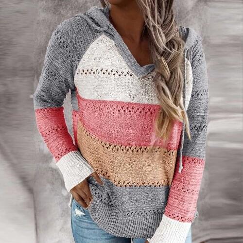 2020 Autumn Winter Women Knitted Sweater Stripe Patchwork Hooded Loose Casual Long Sleeve Pullover Elegant Fashion Korean Jumper