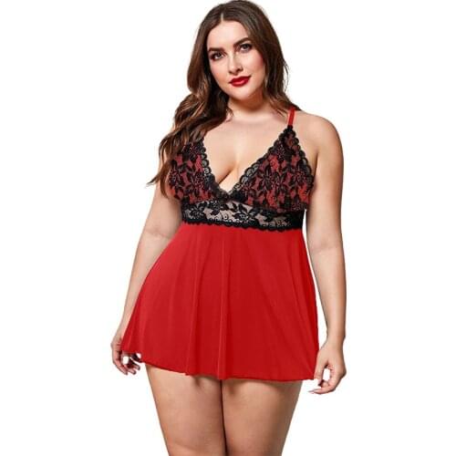 Pijama Plus Size Feminino Sexy V Neck Lingerie Dress Mini Lace Nightdress Red Purple Summer Sleepwear Fashion Women Night Drees