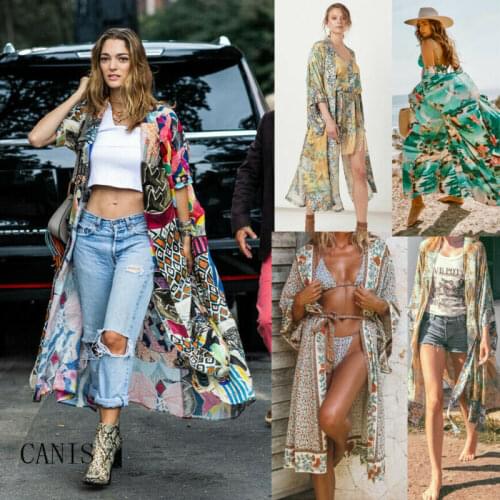 2019 Fashion Women Beach Flower Print Bandage Kimono Blouse Coat Boho Beachwear Bikini Cover Up Sexy Long Cardigans Tops Clothes