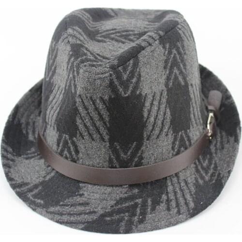 Winter Grey Plaid Felt Fedora Hat For Men Leather Band Chapeau Masculino Jazz Hat MEDB002