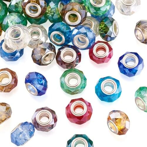 100pcs 14x9mm Mixed Color Faceted Pearlized Glass European Beads Large Hole Beads Brass Double Cors for DIY Jewelry Making