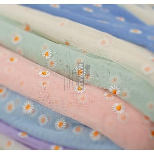 150cm Color Daisy Flower Embroidered Mesh Fabrics Dress Skirt Net Gauze Apparel Cloth Tablecloth Curtain Tote Bags DIY Sewing