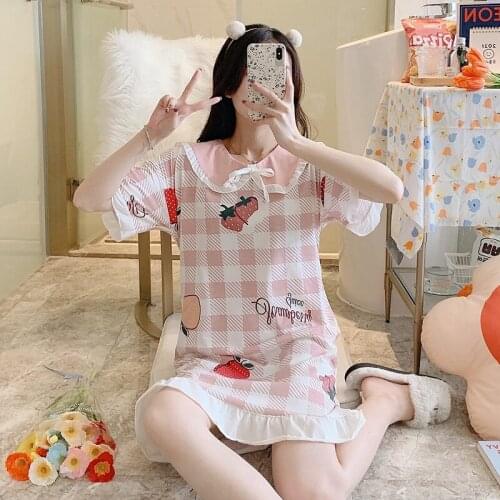2021 Summer Short Sleeve Cotton Nightgowns for Women Korean Casual Plaid Sleepwear FemmeNight Dress Nightdress Home Dress Nighty