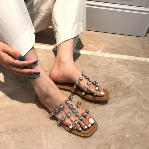 2021 New Arrivals Rhinestone Hollow Flats Slippers Slip On Walk Slides Black/Brown Open Toe Summer Transparent Slides Party Flat