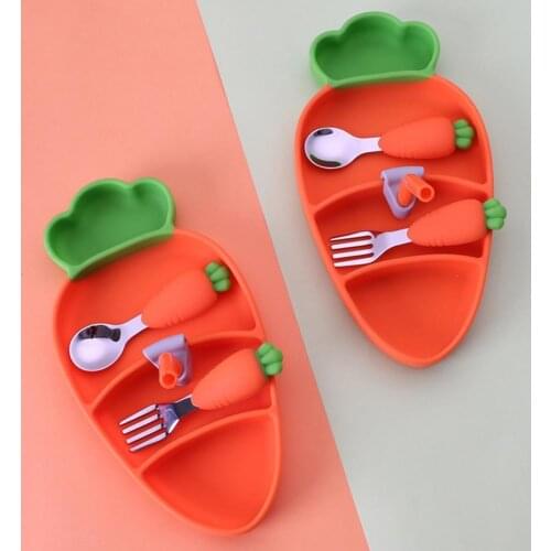 5Pcs/Set Infant Dinnerware Cartoon Carrot Multifunctional BPA Free Training Bowl Spoon Fork Set for Toddler baby feeding