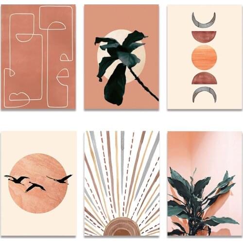 Abstract Sun Face Moon Plant Orange Canvas Painting Posters and Prints Nordic Wall Art Pictures for Livng Room Home Decor