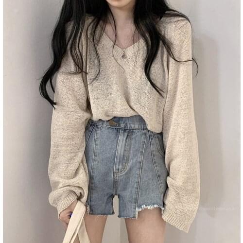 Hollow thin Stylish New Sweaters Pullovers Autumn Hot Knitted 2021 Chic V-Neck Women Loose Solid Soft All Match Femme Tops