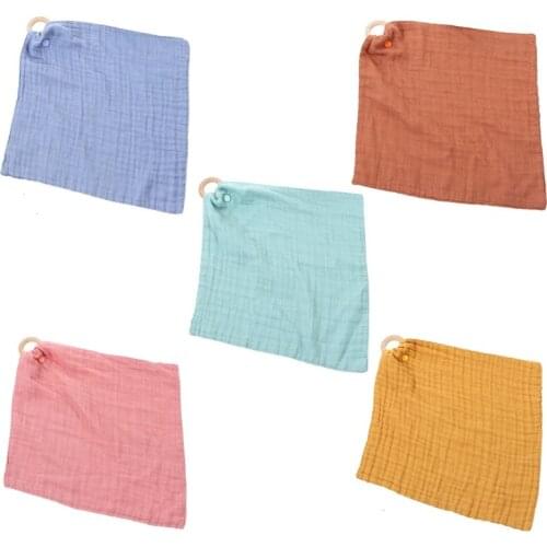 Baby Soother Appease Towel Bib with Wood Teether Ring Solid Bandana Burp Cloth