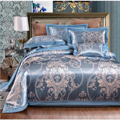 Europe Blue Jacquard Bedding sets Luxury Embroidered Satin Duvet cover Bed Sheet Pillowcases Wedding Bed Cover king queen size