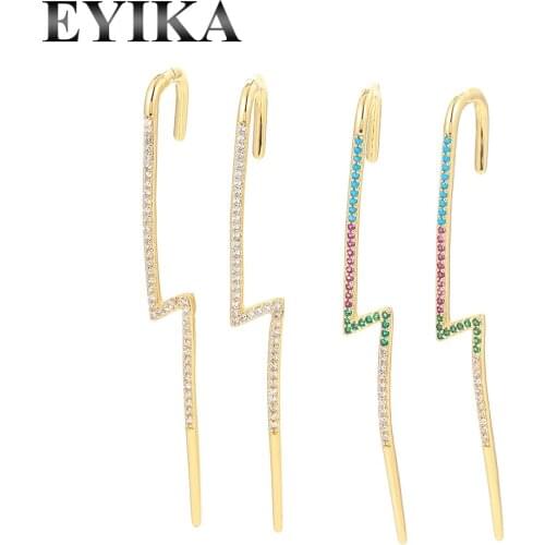 EYIKA Bohemian Lightning Ear Wrap Crawler Hook Earring Women Mix Color Zircon Clip Piercing Ear Needle Wedding Fashion Jewelry