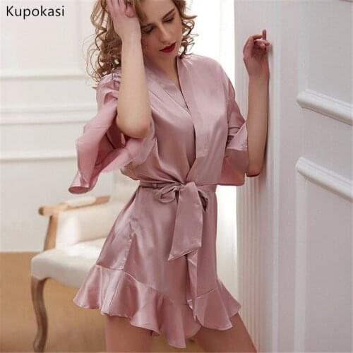 Kupokasi Faux Silk Robe Nightgown Female Summer Solid Lotus Leaf Sexy Bathrobe Gown Stain Homewear Women Robes Set