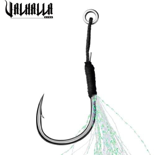 VALHALLA 10pcs/Lot Jigging Cast Assist Fishing Hook 11-19# High Carbon Steel Thread Feather Barbed Single Jig Hooks Pesca
