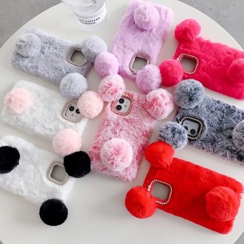 Cute Cartoon Fluffy Panda Case Cover For iPhone 11 12 Mini Pro X XS Max XR 8 7 6 5 6s 5s Plus Plush Fur Soft Silicone TPU Cases