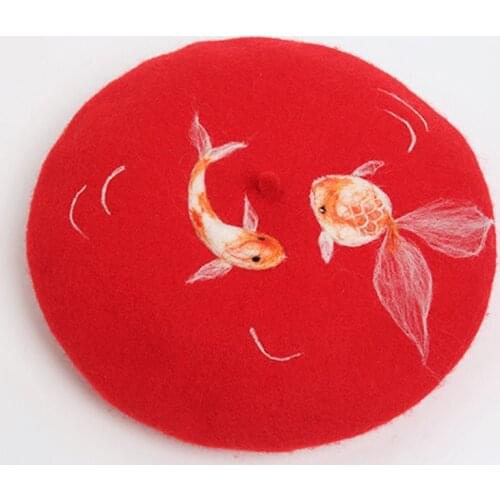 Fashion Goldfish Wool Red Berets Handmade Wool Felt Solid Autumn Winter Hats Women Beret Caps For Ladies Harajuku Headdress Hat