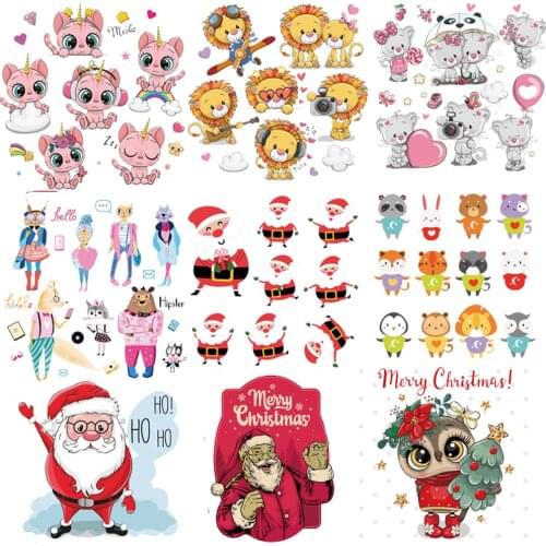 New Iron On Christmas Patch for Child Clothing T-shirt Diy owl Unicorn Cat Lion Stickers Heat Transfer Christmas Gifts Appliques