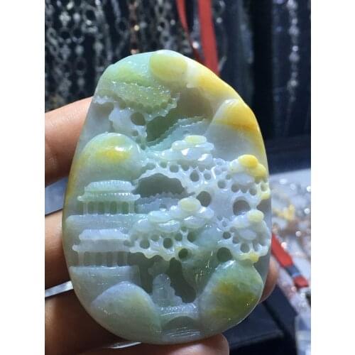 Natural Myanmar jade 7A HandCarved landscape waterfall jadeite green jade pendant jade necklace pendants jewelry jade necklaces