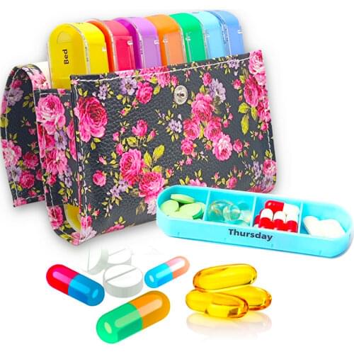 7 Day Weekly Purse Daily Pills Box Rose Pattern Medicine Holder Organizer Splitter Plastic Waterproof Portable Container Case