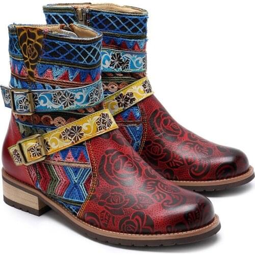 Retro 2020 Women Botas mujer Flower Comfortable Genuine Leather Simple Printing Zipper 3CM Square High Heel Ankle Boots Shoes