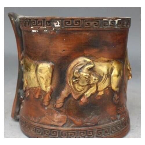 RHS0081 4"Chinese Bronze Gilt Zodiac Year Bull Oxen Statue Brush Pot pencil Holder vase