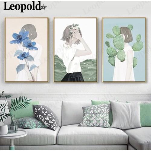Nordic Minimalist Flower Fairy Girl Canvas Poster Green Plant Cactus Painting Wall Art Modern Room Home Decoration Accessories