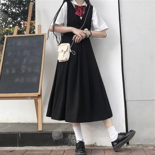 Japanese Uniform Cosplay Black College Style Summer School Student Outfit White Shirt Tops Jumpsuit Suspender Short Sleeve Dress