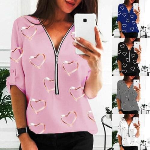 Women Blouse Graphic Tops Female T-shirts Woman Cothing Gold Stamping Heart Print Long Sleeve V Neck T-shirt Pullover for Work