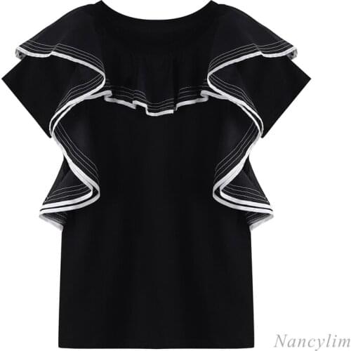 Mesh Ruffles Patch O Neck Loose Short Sleeve Cotton T-shirt Women 2021 Summer Clothing New All-Match Basic Tops White Black