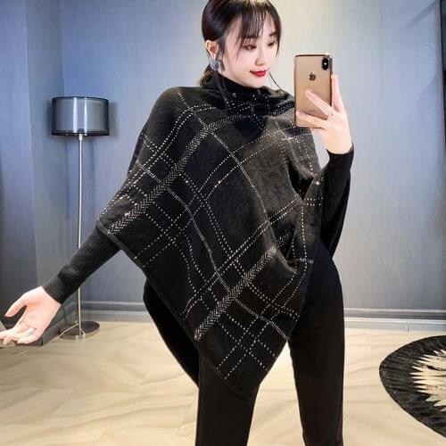 Retro Women Beading Cloak British Style Irregular Knitting Batwing Sleeve High Collar Sweater Cape Female Winter Clothing