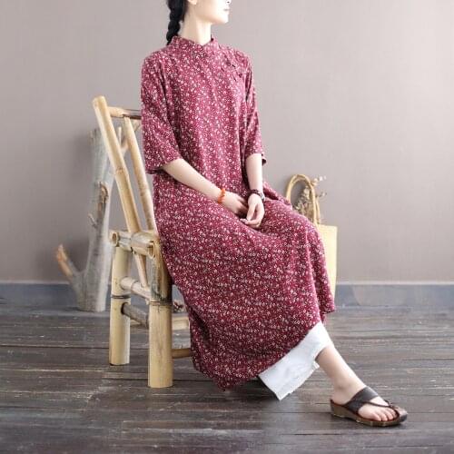 Women Loose Cotton Linen Summer Dress Ladies Vintage Printed Half Sleeve Stand Collar Dresses Female 2021 Dress