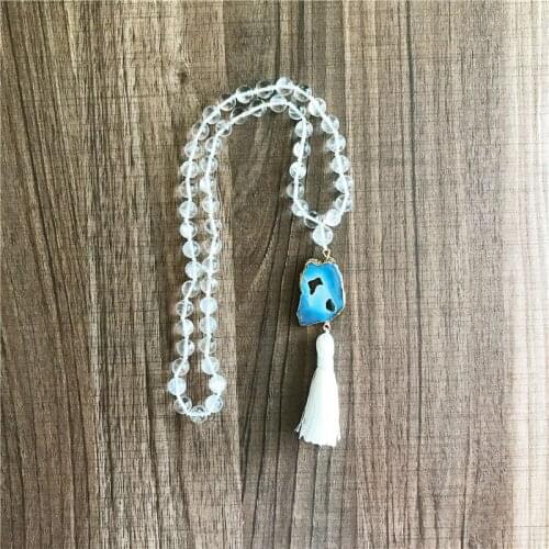 54 /27 White Quartz Beads Bracelet Hand Knotted Mala Bracelet Short Tassel Women And Mens Bracelets Yoga Jewelry