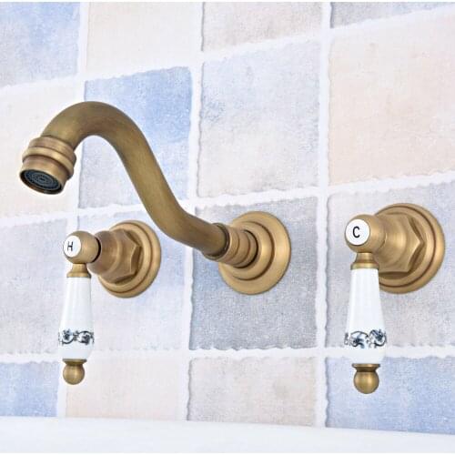 Antique Brass Bathroom Sink Mixer Tap Faucet Dual Handles 3 Holes Mixer Tap Wall Mounted Bathroom Faucet zsf530