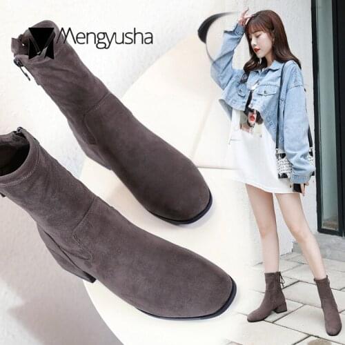 Big size women boots Korean mid-calf round toe chunky heels riding boots casual side zip lace-up bow stretch flock socks booties