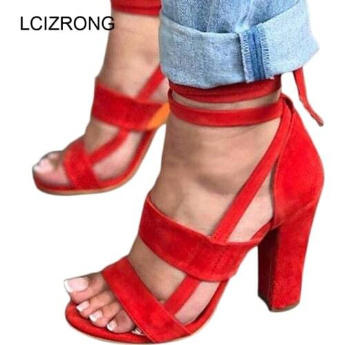 LCIZRONG Summer Gladiator 10CM Flock High Heel Sandals Women 34-43 Large Size Sexy Ladies Sandals Fashion Cross-tied Sandals