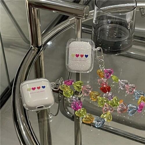 Cute Love Heart Earphone Case for Airpods 2 1 Clear Soft TPU BLuetooth Protect Cover for Airpods with Crystal Bracelet Chain