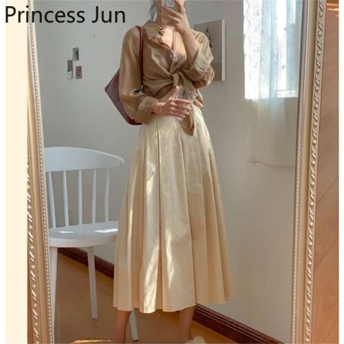 Elegant Lady High Waist Slim Skirt 2021 Spring Autumn New Women Empire Apricot Caramel Midi Skirt Fashion Pleated A Line Skirt