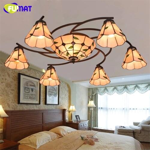 FUAMT American Pastoral Leafs Tiffany Ceiling Lamp Vintage Brief Warm Ceiling Lamp Stained Glass Art Light For Living Room Lamps