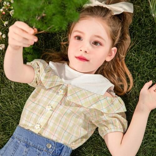 Unique Design Summer T Shirt For Girls Plaid Print Fashion Short Sleeve Tops Thin Daily Pullovers Children Casual T- Shirts