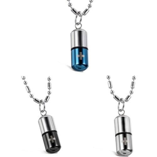 Fashion Pill Case Capsule Pendant Necklace Stainless Steel Mens Womens, 20 inch Chain, Cross Medicine Keepsake Pendant Necklace