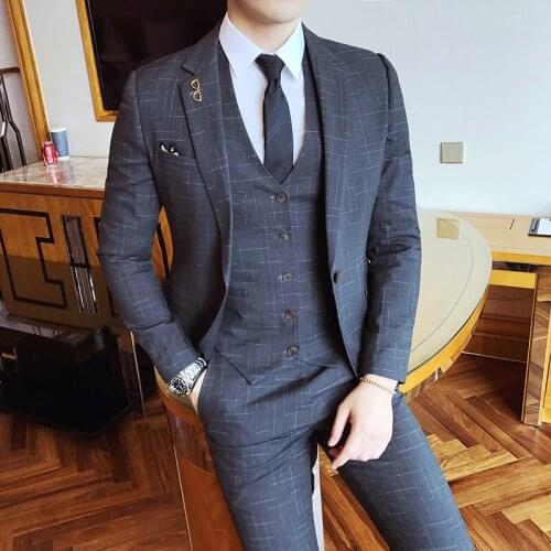 Gentleman Vintage Pinstripe Classic Decent Mens Suit Wedding Groom Party Banquet Smoking Costums Homme Slim Fit red Grey